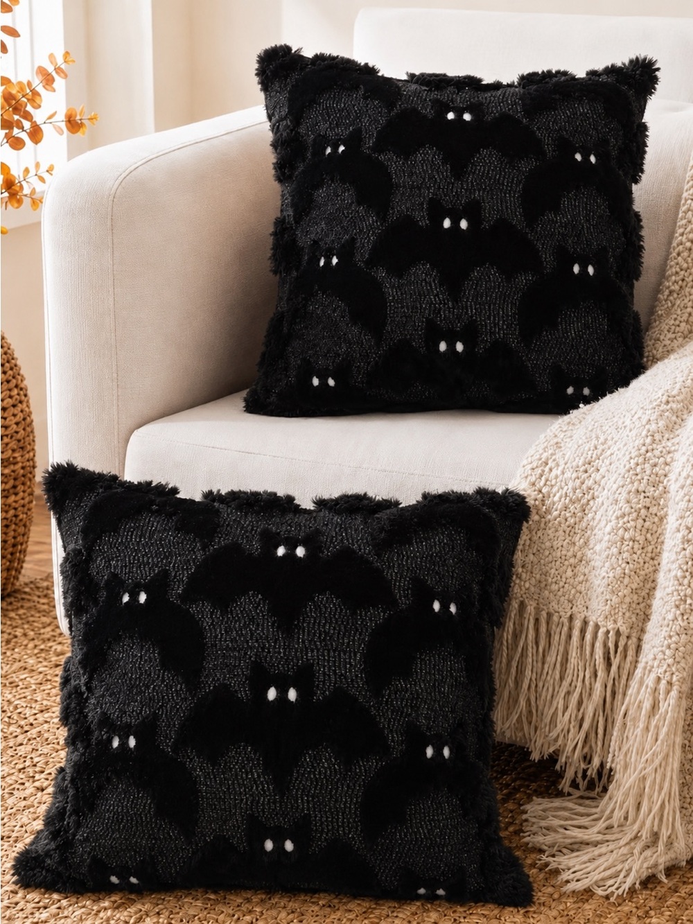 Set of 2 Black Bat Pillow Covers 18x18 Halloween Gothic Decor